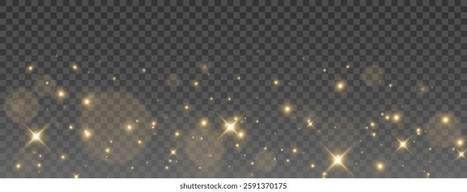 Shimmering Golden Glitter with Twinkling Starbursts and Glowing Light Particles, Abstract Fantasy Bokeh Effect for Holiday, Wedding, and Glamorous Sparkle Backgrounds on Transparent Layer