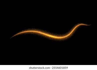A shimmering golden light trail with sparkling particles, set against a dark black background