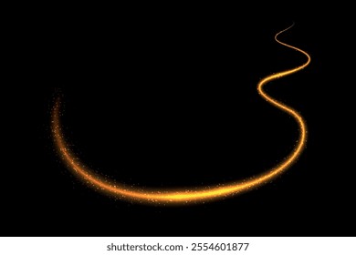 A shimmering golden light trail with sparkling particles, set against a dark black background