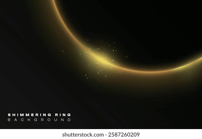 Shimmering golden neon ring frame sparkle flash light star glitter metal gold yellow circle vector on black background, shiny planet curve glowing round line, futuristic web print poster card template