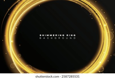 Shimmering golden neon ring frame sparkle flash light star glitter metal gold yellow circle vector on black background, shiny planet curve glowing round line, futuristic web print poster card template