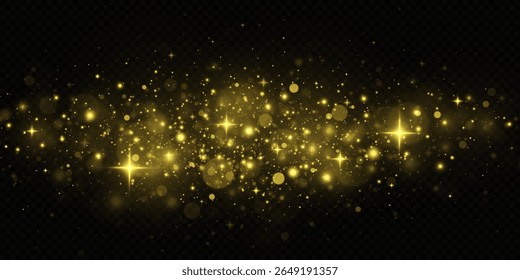 Partículas douradas cintilantes. Fundo festivo e elegante para o Natal, Ano Novo ou design de celebração. Poeira de luz mágica, e estrelas brilhantes flutuando na escuridão.