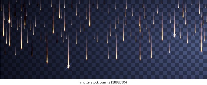 Shimmering golden particles. Meteor Rain. Falling glowing comets on transparent background. Light of falling of a meteorite asteroid, comet.