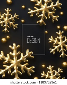 Shimmering golden snowflakes and beads on black background. Vector 3d illustration of glowing metallic snowflake shapes and spheres. New Year or Christmas cover or banner template. Holiday ornament.