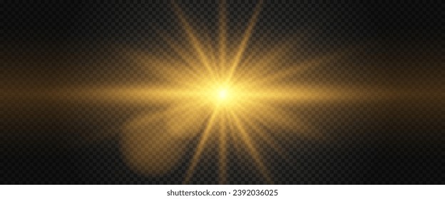A shimmering golden star in on a black background. Sparkling and shining stars, bright flashes of lights with radiation. Vector EPS 10.