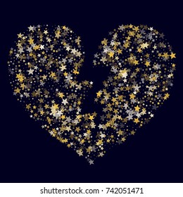 Shimmering Golden Stars Broken Heart on Dark Background. Greeting Card, Invitation Template with Glittering Stars Confetti. Night Sky Vector Background.