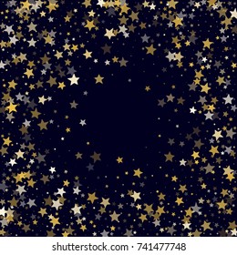 Shimmering Golden Stars Confetti on Dark Blue Background. Cover, Greeting Card, Invitation Background Template with Glittering Stars. Night Sky Vector Pattern