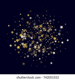 Shimmering Golden Stars Confetti on Dark Blue Background. Cover, Greeting Card, Invitation Background Template with Glittering Stars. Night Sky Vector Pattern