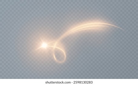 Shimmering golden swirl. Curve neon line effect. Glowing magic bright comet effect for game interfaces and illustrations. Vector