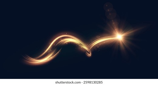 Shimmering golden swirl. Curve neon line effect. Glowing magic bright comet effect for game interfaces and illustrations. Vector
