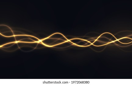 Shimmering golden waves with glitter. Glow wave light, glitter gold glitter tail. Star dust trail sparkling particles.Vector illustration.