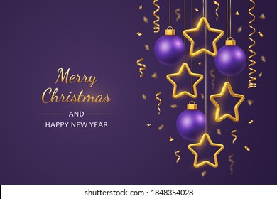 Shimmering hanging golden stars and balls with confetti on purple background. Glowing Christmas greeting card with copyspace. New Year poster, cover or banner template. Holiday decoration. Vector.