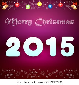 shimmering inscription Merry Christmas with elements festive balls and bells