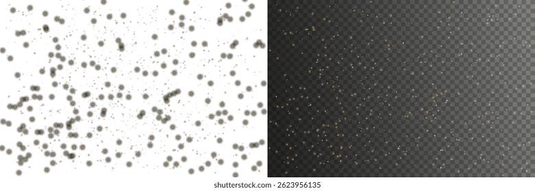 Shimmering light particles scatter smoothly, enhancing dreamy festive aesthetics. Transparent luminous bokeh effects glow beautifully, adding magical atmospheric depth. Golden confetti swirls