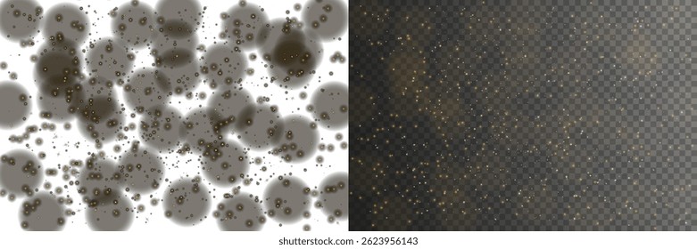 Shimmering light particles scatter smoothly, enhancing dreamy festive aesthetics. Transparent luminous bokeh effects glow beautifully, adding magical atmospheric depth. Golden confetti swirls