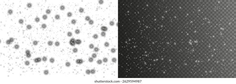 Shimmering light particles scatter smoothly, enhancing dreamy festive aesthetics. Transparent luminous bokeh effects glow beautifully, adding magical atmospheric depth. Golden confetti swirls