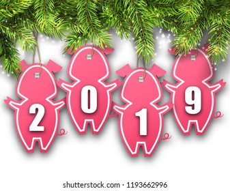 Shimmering Light Wallpaper with Fir Branches and Stickers Pigs for Happy New Year 2019 - Illustration Vector