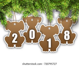 Shimmering Light Wallpaper with Fir Branches and Stickers Dog for Happy New Year 2018 - Illustration Vector