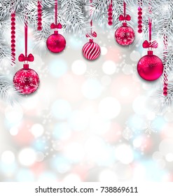 Shimmering Light Wallpaper with Fir Branches and Christmas Pink Balls for Happy Winter Holidays - Illustration Vector