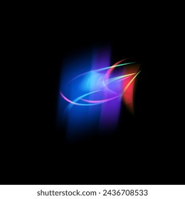 Shimmering rainbow light stripes. Transparent optical flash with multi-colored beams. Ideal for designs with dynamic patterns. Vector illustration on isolated black background.