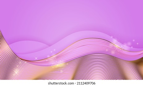 Shimmering rose-lilac background. Bright trendy banner with gold design elements, waves, stars, glitter. Stock vector illustration