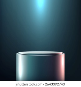 shimmering silver cylindrical pedestal illuminated by cool blue light, creating a dramatic and elegant backdrop for product displays, mockups, showroom presentations