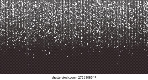 Bolso de ducha estrellado plateado brillante con efecto de cascada de estrellas brillantes. Lujosa cortina de lentejuelas de plata brillante cayendo sobre una oscuridad. Partículas de polvo de estrellas centelleantes con luz radiante. Ilustración vectorial