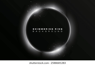 Shimmering silver white neon ring frame sparkle flash light star glitter metal grey steel circle vector on black background, shiny planet curve glowing round line, futuristic web poster card template
