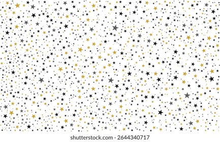 Um padrão brilhante de estrelas de preto, ouro e prata se rompe em uma tela branca limpa, perfeito para decoração festiva, projetos cósmicos ou visuais comemorativos elegantes.