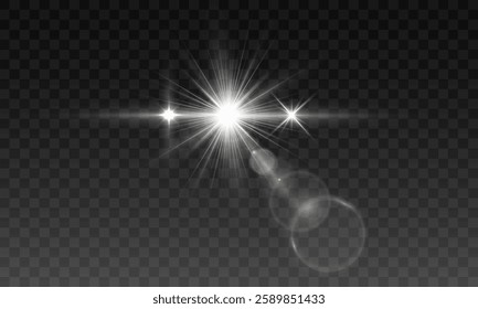 Shimmering starburst with radiant sparkles and a glowing light effect, emitting beams of illumination across a transparent background, perfect for creative digital artwork and graphic design