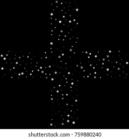 Shimmering Stars Confetti Cross on Night Sky. Greeting Card, Wedding, Invitation Template Background with Free Space. Luxury, Glamour Design Pattern with Shine Sparkles and Silver Stars.