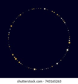 Shimmering Stars Confetti Frame on Night Sky. Greeting Card, Wedding, Invitation Template Background with Round Border. Luxury, Glamour Design Pattern with Sparkles and Stars.