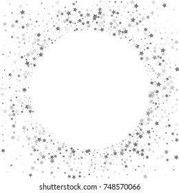 Shimmering Stars Confetti Frame on White Sky. Greeting Card, Wedding, Invitation Template Background with Round Border. Luxury, Glamour Design Pattern with Sparkles and Stars.