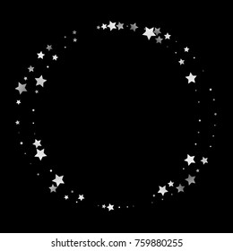 Shimmering Stars Confetti Frame on Night Sky. Greeting Card, Wedding, Invitation Template Background with Round Border. Luxury, Glamour Design Pattern with Silver Sparkles and Stars.