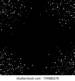 Shimmering Stars Confetti on Black Sky. Greeting Card, Wedding, Invitation Template Background with Free Space. Luxury, Glamour Design Pattern with Shine Sparkles and Silver Stars