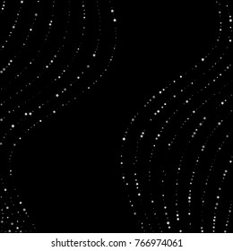 Shimmering Stars Confetti on Dark Sky. Greeting Card, Wedding, Invitation Template Background with Free Space. Luxury, Glamour Design Pattern with Shine Sparkles and Silver Stars