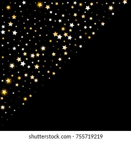 Shimmering Stars Confetti on Night Sky. Greeting Card, Wedding, Invitation Template Background with Free Space. Luxury, Glamour Design Pattern with Shine Sparkles and Golden Stars.