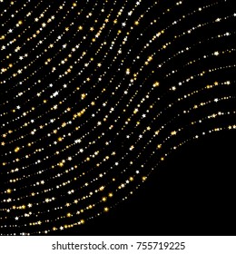 Shimmering Stars Confetti on Night Sky. Greeting Card, Wedding, Invitation Template Background. Luxury, Glamour Design Pattern with Wavy Stripes. Glittering Sparkles and Golden Stars.