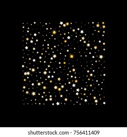 Shimmering Stars Confetti on Night Sky. Greeting Card, Wedding, Invitation Template Background. Luxury, Glamour Design Pattern. Glittering Sparkles and Golden Stars.