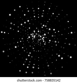 Shimmering Stars Confetti on Night Sky. Greeting Card, Wedding, Invitation Template Background. Luxury, Glamour Design Pattern. Glittering Sparkles and Silver Stars.