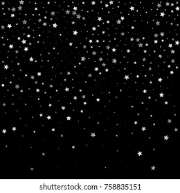 Shimmering Stars Confetti on Night Sky. Greeting Card, Wedding, Invitation Template Background. Luxury, Glamour Design Pattern. Glittering Sparkles and Silver Stars