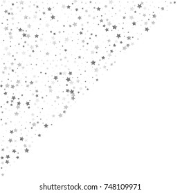 Shimmering Stars Confetti on White Sky. Greeting Card, Wedding, Invitation Template Background with Free Space. Luxury, Glamour Design Pattern with Shine Sparkles and Silver Stars.