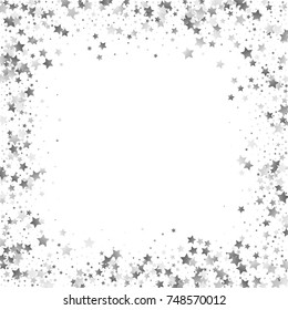 Shimmering Stars Confetti on White Sky. Greeting Card, Wedding, Invitation Template Background with Free Space. Luxury, Glamour Design Pattern with Shine Sparkles and Silver Stars.