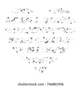 Shimmering Stars Confetti Stripes on White Sky. Greeting Card, Wedding, Invitation Template Background. Luxury, Glamour Silver Striped Design Pattern of Heart with Shiny Sparkles and Stars