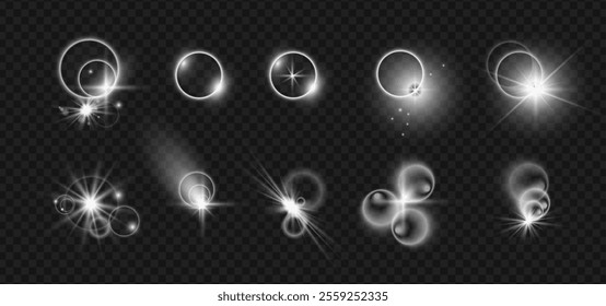 Shimmering or twinkles, isolated set of realistic camera lens flare effects. Vector bright beams with circles and trails, sunshine rays, glowing spotlight. Bright decoration for typography