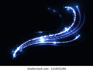 Shimmering waves with light effect isolated on black background. Glittering star dust trail. Abstract motion. Magic lines. Nein effect