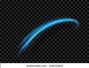 Shimmering waves with light effect isolated on black background. Glittering star dust trail. Abstract motion. Magic lines. Neon effect