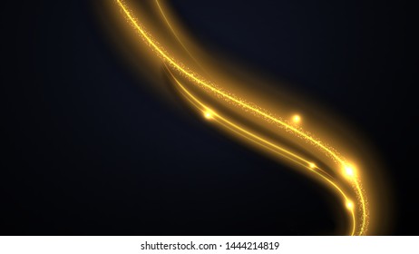 Shimmering waves with light effect isolated on black background. Glittering star dust trail. Abstract motion. Magic lines. Neon effect