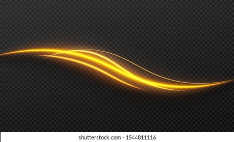 Shimmering waves with light effect isolated on black background. Glittering star dust trail. Abstract motion. Magic lines. Neon effect