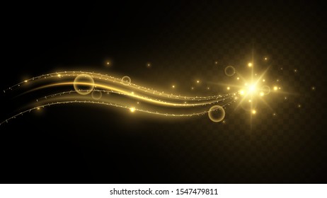 Shimmering waves with light effect isolated on black background. Glittering star dust trail. Abstract motion. Magic lines. Neon effect vector background